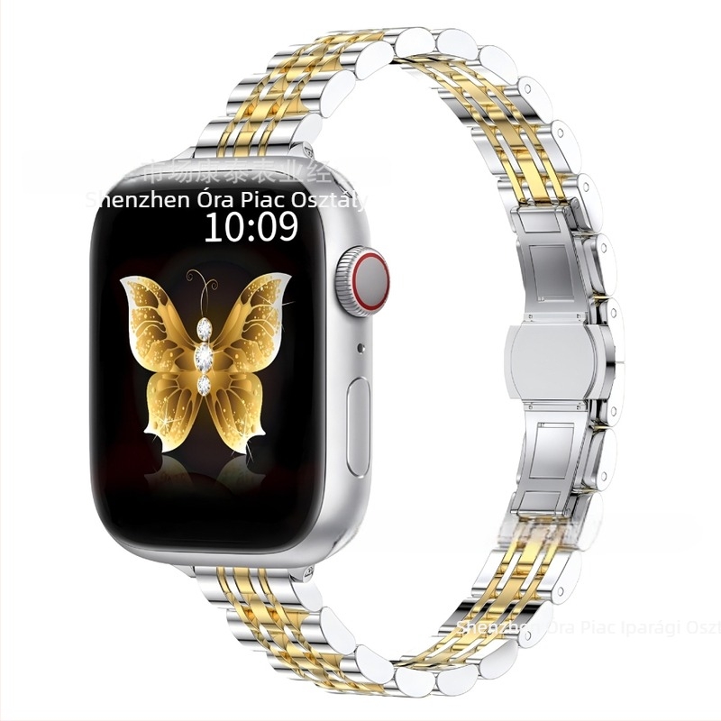 Apple Watch S9/Ultra2 acél szíj, 14×12 mm, pillangó csattal, hét gyöngy díszítéssel