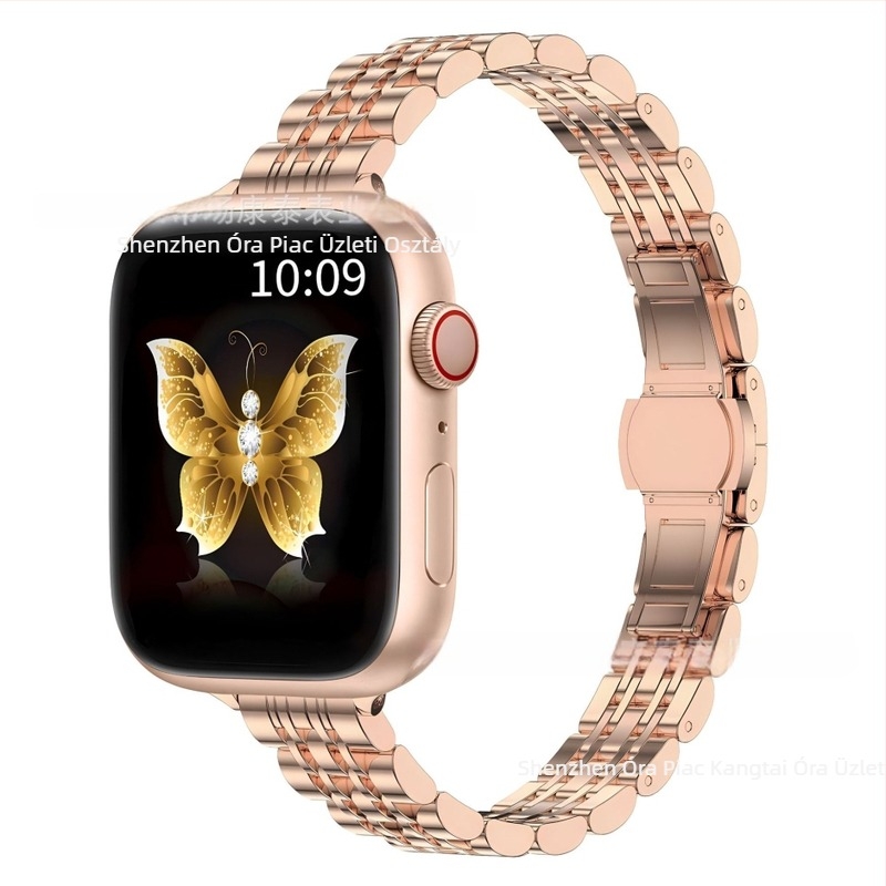 Apple Watch S9/Ultra2 acél szíj, 14×12 mm, pillangó csattal, hét gyöngy díszítéssel