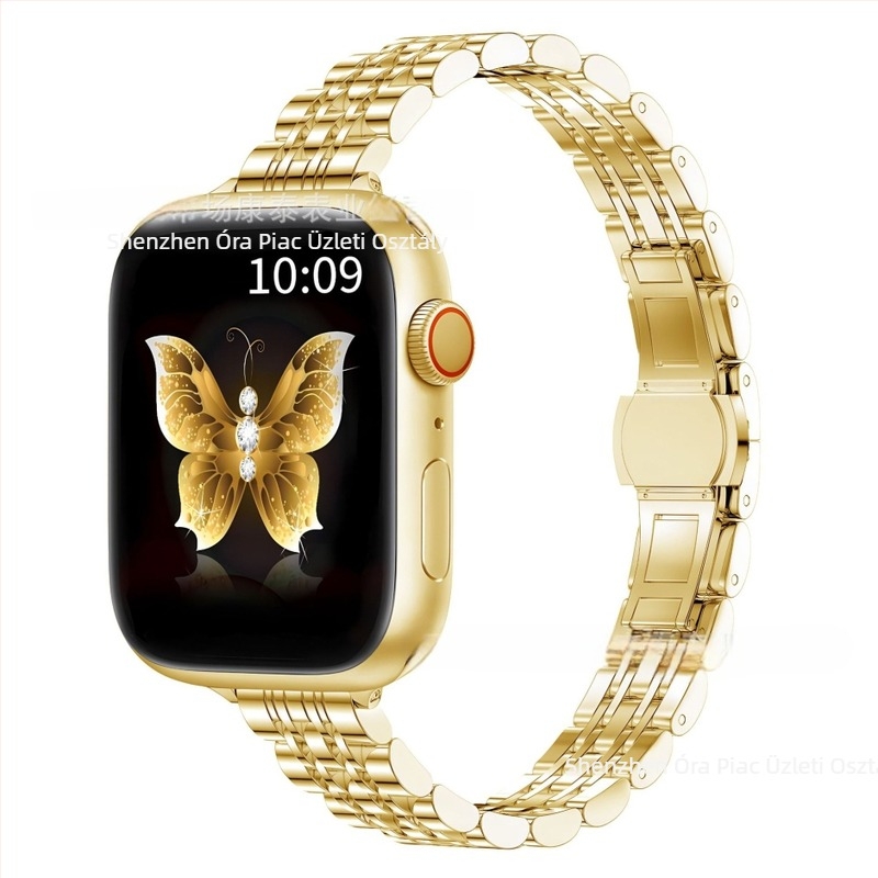 Apple Watch S9/Ultra2 acél szíj, 14×12 mm, pillangó csattal, hét gyöngy díszítéssel