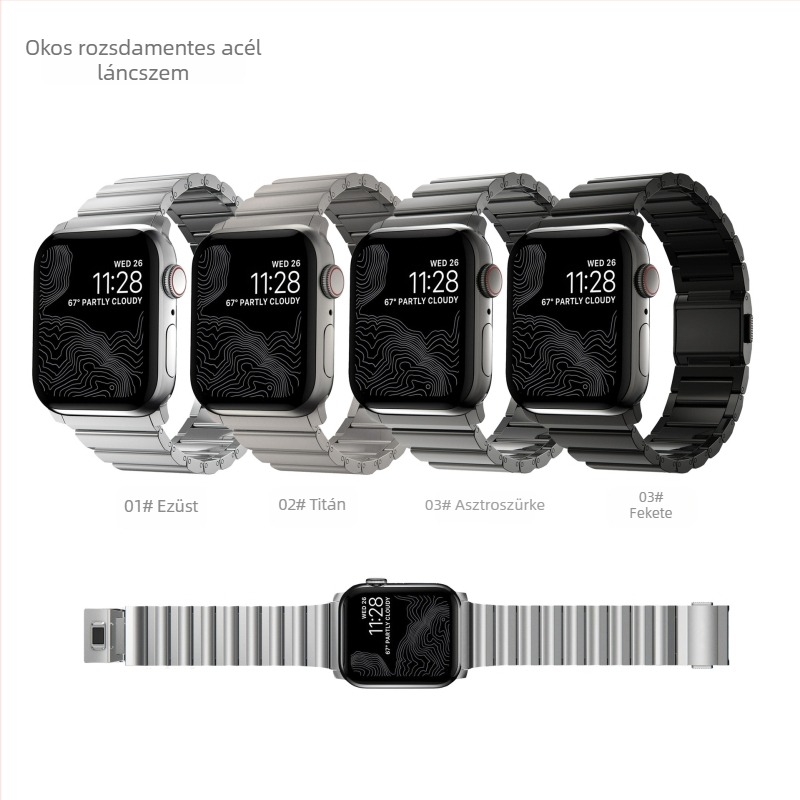 Titánacél óraszíj mágneses csattal, kompatibilis Apple Watch-szel és Samsung Ultra-val.