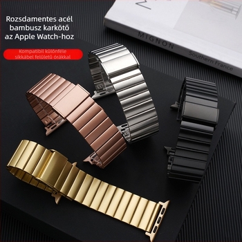 Rozsdamentes acél bambusz-darabos szíj Apple Watch-hoz, fémszíj bambusz elemekkel, állítható csatlakozás, csat