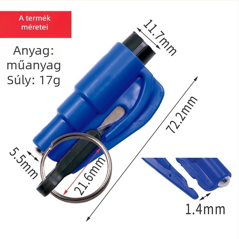 Autókulcstartó vészkés – ablakfel­törő, mini biztonsági kalapács, övvágó (Brand: Shaft worker; Material: Plastic; Weight: 21 g)