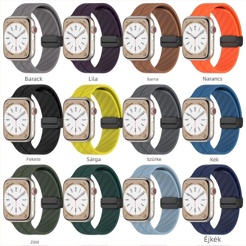 Szilikon óraszíj Apple Watchhoz szénszál mintával és mágneses összecsukható csattal, kompatibilis az 1–10 generációval