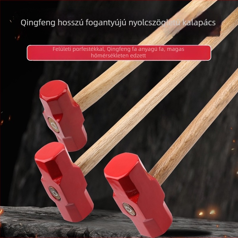 Nyolcszögletű kalapács magas szén‑acél fejjel és fából készült nyéllel háztartási és műhelyhasználatra (Fej: magas szén‑acél; Nyél: fa; Percusiós használat)