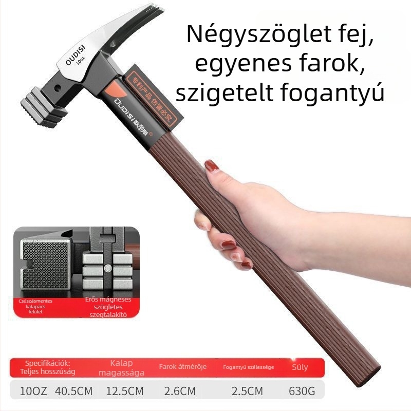 Kalapács szigetelt fogantyúval villanyszerelőknek, fej magas széntartalmú acélból, ipari minőség, ideális a szegek kihúzásához