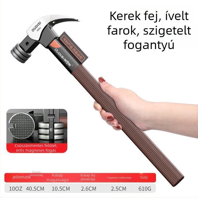 Kalapács szigetelt fogantyúval villanyszerelőknek, fej magas széntartalmú acélból, ipari minőség, ideális a szegek kihúzásához