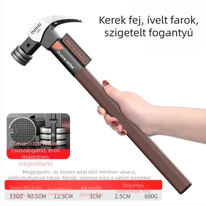 Kalapács szigetelt fogantyúval villanyszerelőknek, fej magas széntartalmú acélból, ipari minőség, ideális a szegek kihúzásához
