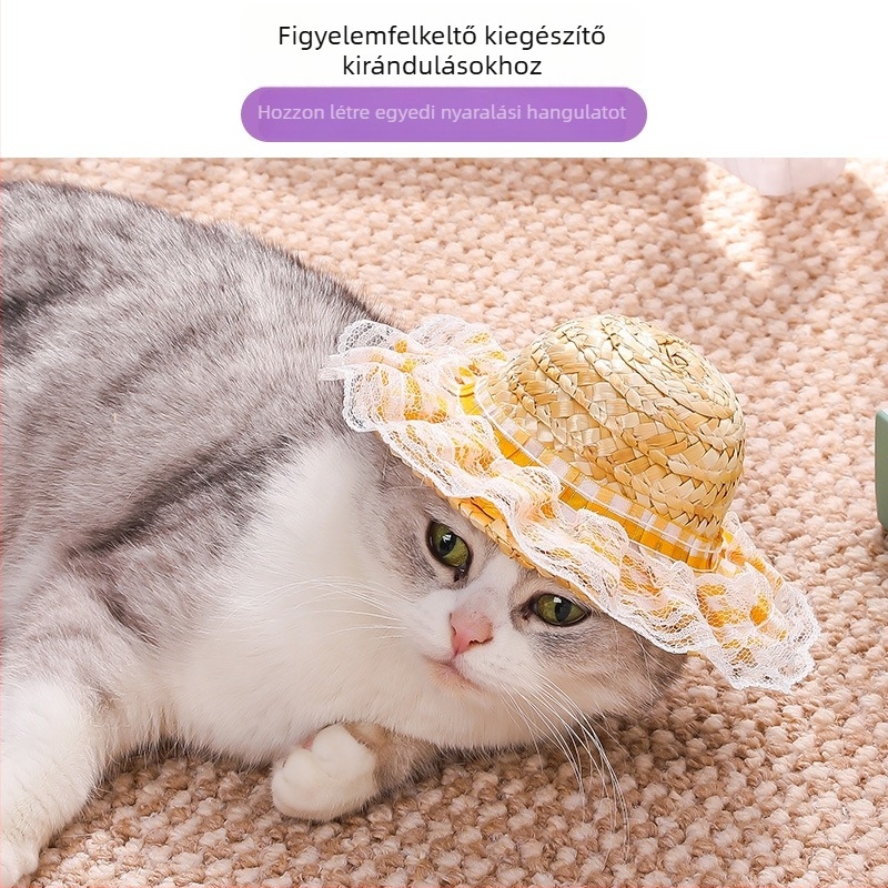 Macska szalma kalap masnival, külső napvédelem, virágmintás, négy évszakos stílus