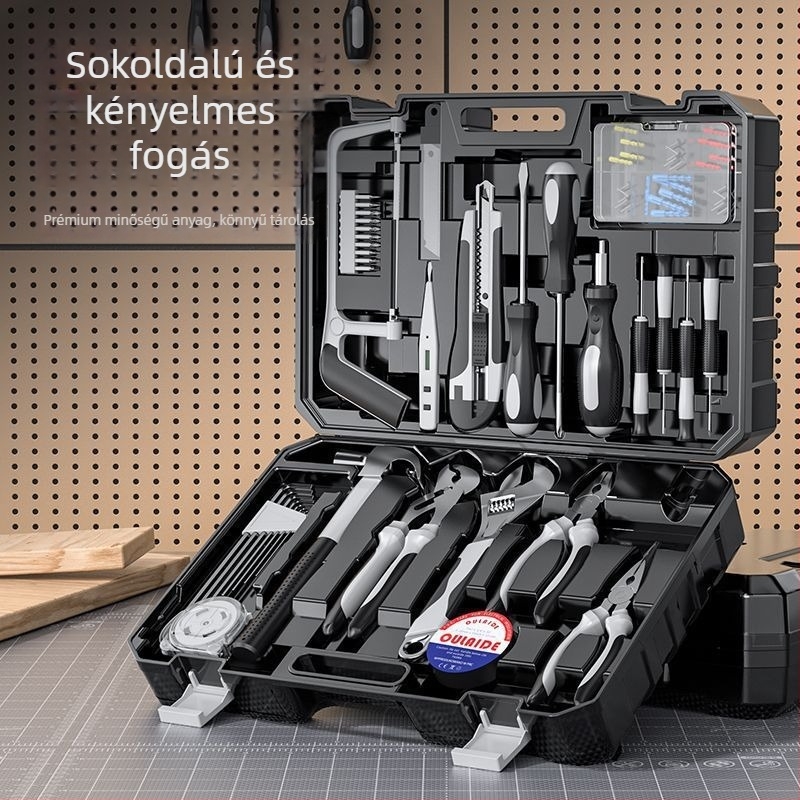 Családi javító szerszámkészlet autóba szerelhető szerszámos ládával, szénacélból, 81-100 darab