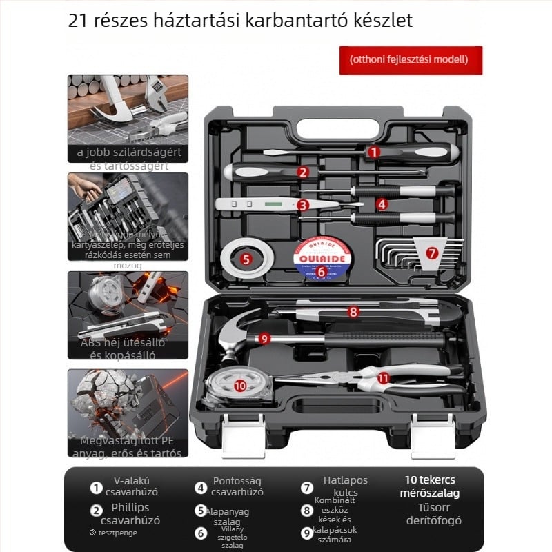 Családi javító szerszámkészlet autóba szerelhető szerszámos ládával, szénacélból, 81-100 darab
