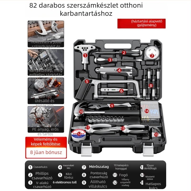Családi javító szerszámkészlet autóba szerelhető szerszámos ládával, szénacélból, 81-100 darab
