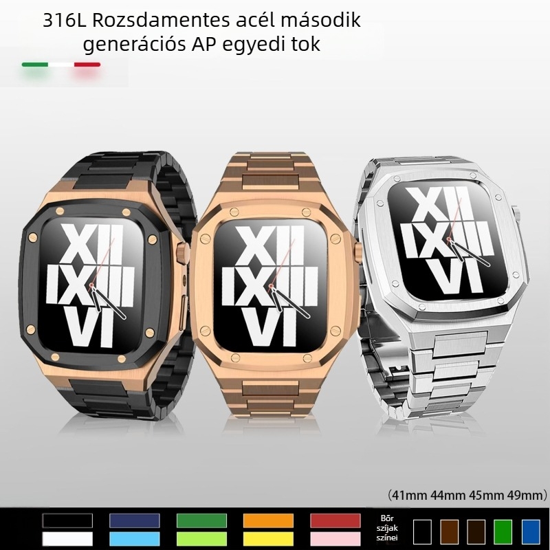 Rozsdamentes acélból készült integrált védőtok Apple Watch szíjakhoz, kompatibilis 41/44/45 mm