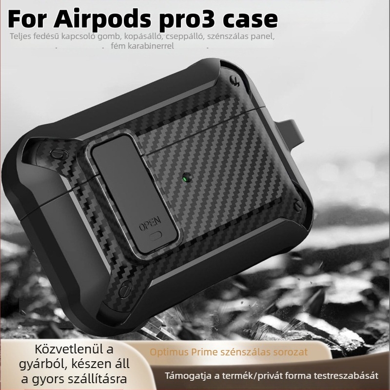Shell Valley TPU tok AirPods Pro 2-höz zárkapcsolóval, karbon szálas mintázat, ütésálló, elvesztés elleni védelem