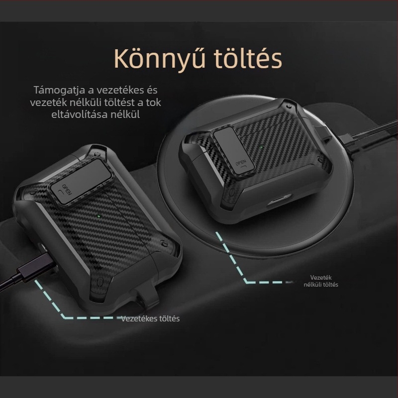 Shell Valley TPU tok AirPods Pro 2-höz zárkapcsolóval, karbon szálas mintázat, ütésálló, elvesztés elleni védelem