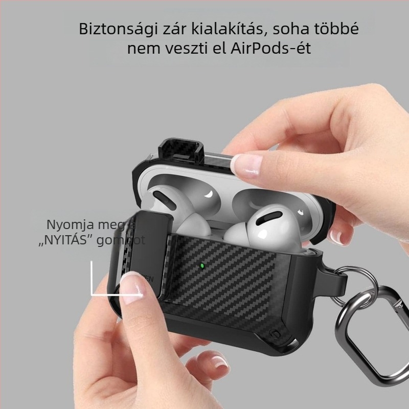 Shell Valley TPU tok AirPods Pro 2-höz zárkapcsolóval, karbon szálas mintázat, ütésálló, elvesztés elleni védelem