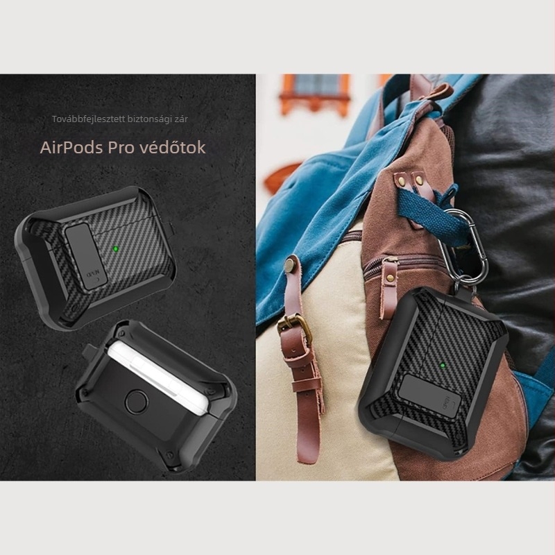 Shell Valley TPU tok AirPods Pro 2-höz zárkapcsolóval, karbon szálas mintázat, ütésálló, elvesztés elleni védelem