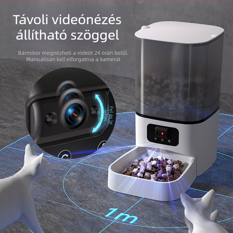 Automata etető macskáknak és kutyáknak időzített etetéssel és megfigyelő kamerával