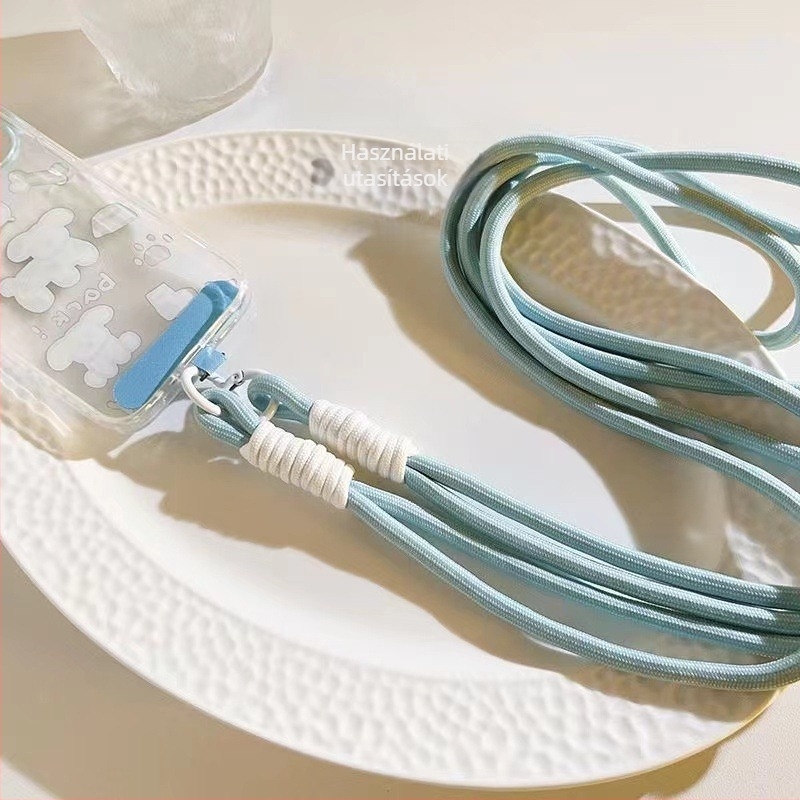 Mobiltelefon-lanyard fonott zsinórral és műanyag csattal, nőies stílus, hosszú pánt