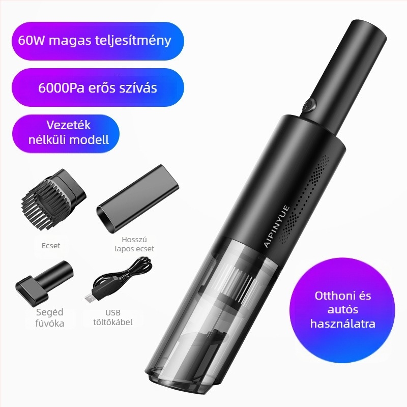 Könnyű, vezeték nélküli autó porszívó, 12V, 60W, 6000Pa szívóerő