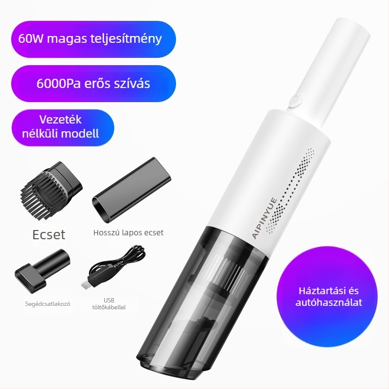 Könnyű, vezeték nélküli autó porszívó, 12V, 60W, 6000Pa szívóerő