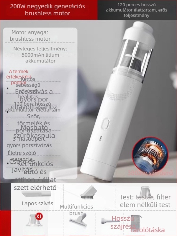 Kézi autó-porszívó — 90W, 20000Pa, újratölthető, 3 m hosszú kábel