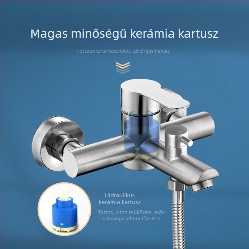 Rozsdamentes acélból készült falba épített zuhany- és kádsaptelep, háromirányú keverő, kerámia szeleppel, 0–90°C