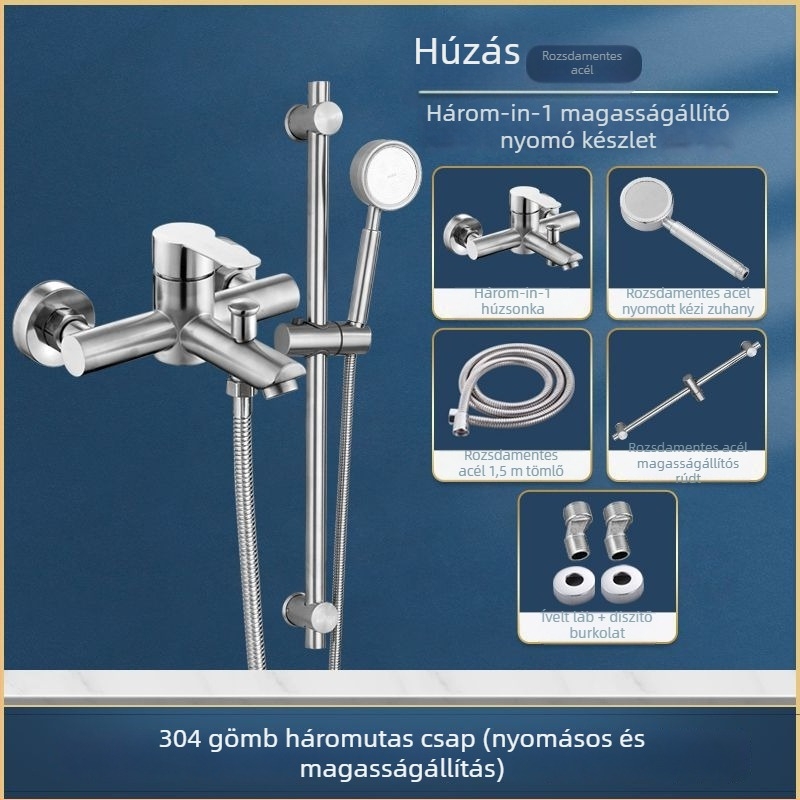 Rozsdamentes acélból készült falba épített zuhany- és kádsaptelep, háromirányú keverő, kerámia szeleppel, 0–90°C