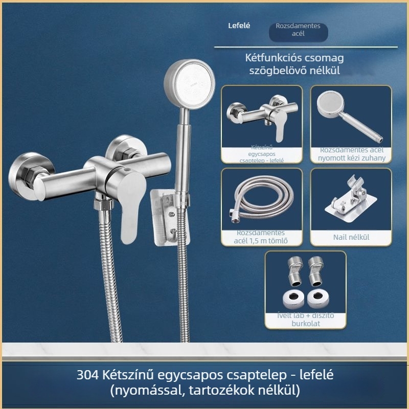Rozsdamentes acélból készült falba épített zuhany- és kádsaptelep, háromirányú keverő, kerámia szeleppel, 0–90°C