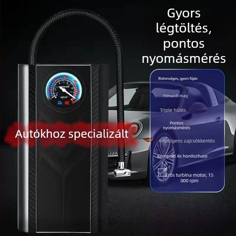 Újratölthető autó légpumpa, hordozható, 12V, 100W, 30 L/perc, Digitális kijelző