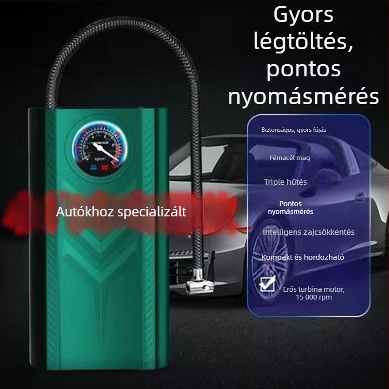 Újratölthető autó légpumpa, hordozható, 12V, 100W, 30 L/perc, Digitális kijelző