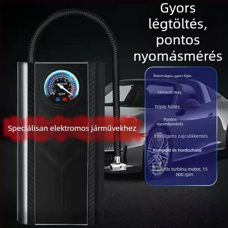Újratölthető autó légpumpa, hordozható, 12V, 100W, 30 L/perc, Digitális kijelző
