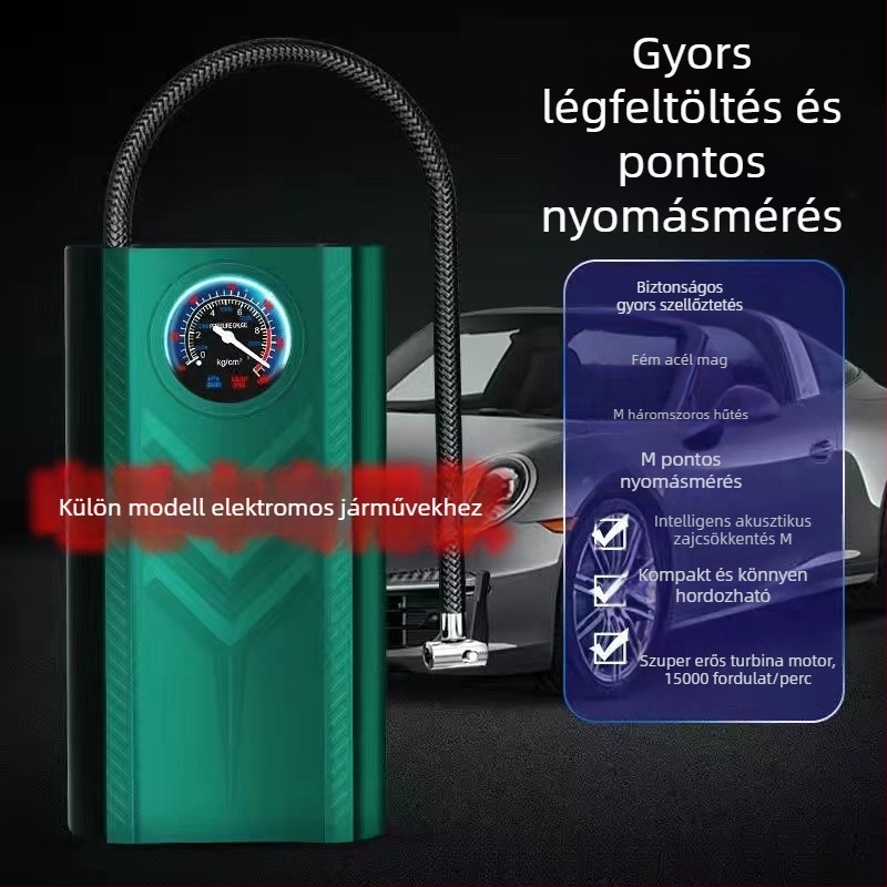 Újratölthető autó légpumpa, hordozható, 12V, 100W, 30 L/perc, Digitális kijelző