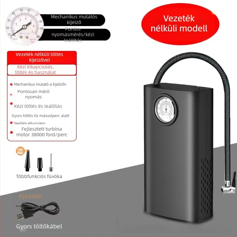 Újratölthető autó légpumpa, hordozható, 12V, 100W, 30 L/perc, Digitális kijelző
