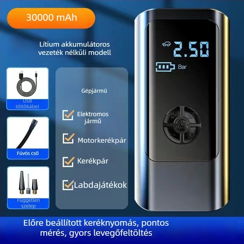 Újratölthető autó légpumpa, hordozható, 12V, 100W, 30 L/perc, Digitális kijelző