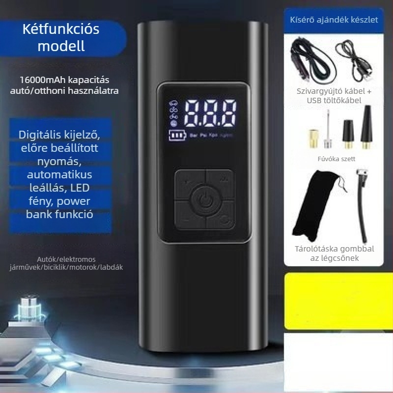 Újratölthető autó légpumpa, hordozható, 12V, 100W, 30 L/perc, Digitális kijelző