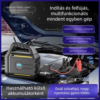 AutóbaLégpumpa beépített vészindító áramforrással és power bankkal — hordozható mindent egyben készülék, 12V, 120W, kábel 2,8 m, 60 cm cső, digitális kijelző