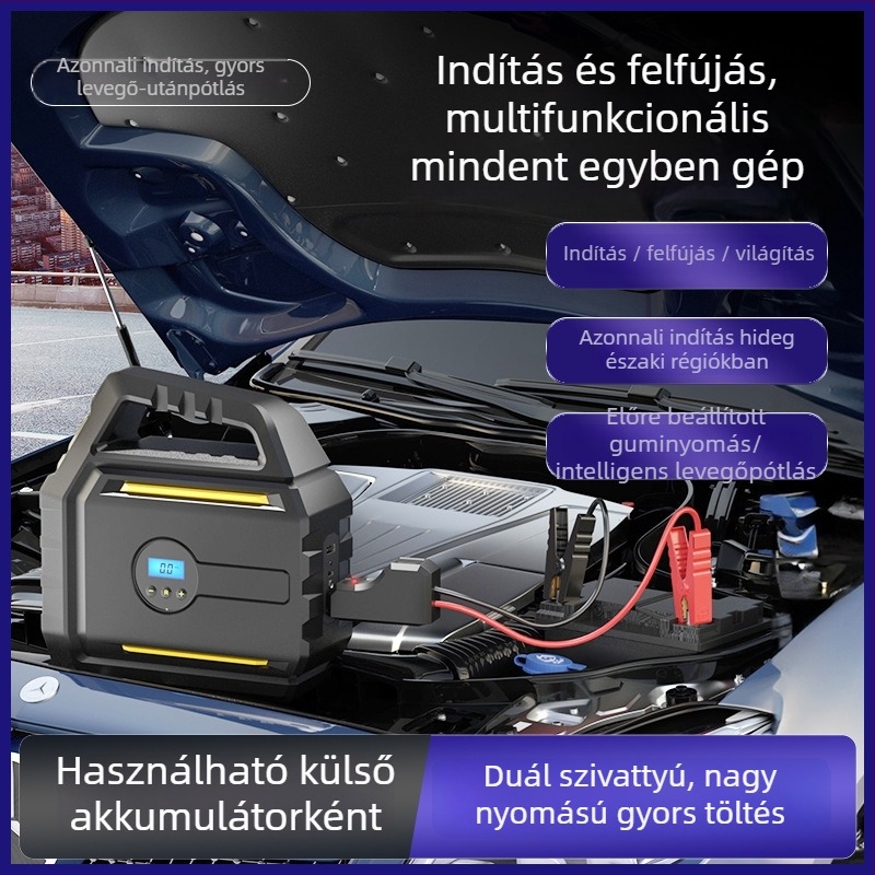 AutóbaLégpumpa beépített vészindító áramforrással és power bankkal — hordozható mindent egyben készülék, 12V, 120W, kábel 2,8 m, 60 cm cső, digitális kijelző
