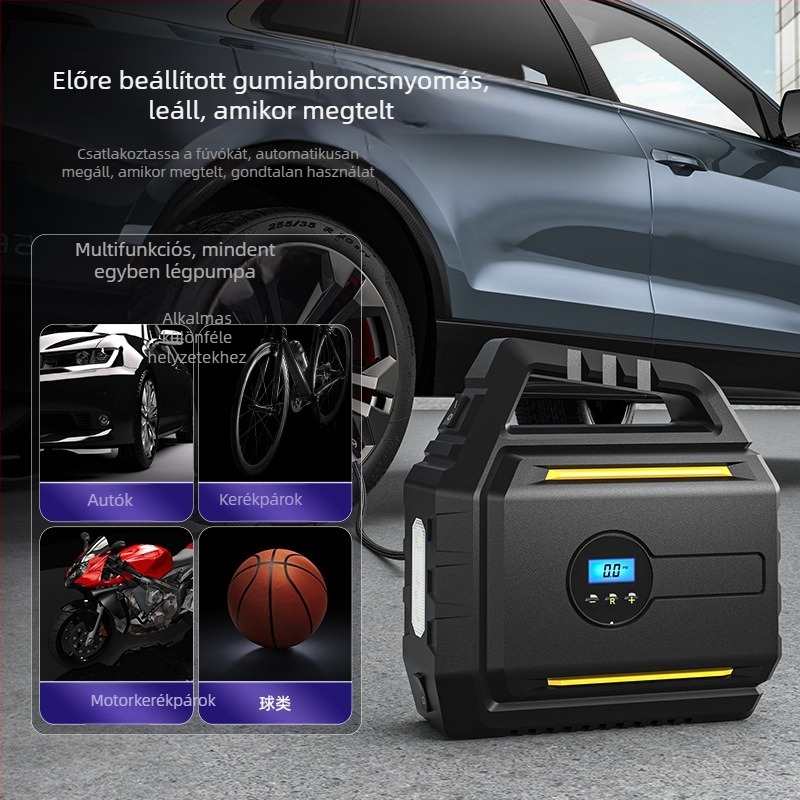 AutóbaLégpumpa beépített vészindító áramforrással és power bankkal — hordozható mindent egyben készülék, 12V, 120W, kábel 2,8 m, 60 cm cső, digitális kijelző