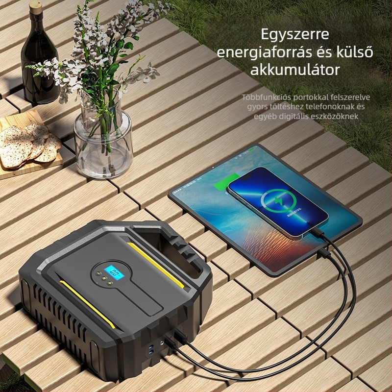 AutóbaLégpumpa beépített vészindító áramforrással és power bankkal — hordozható mindent egyben készülék, 12V, 120W, kábel 2,8 m, 60 cm cső, digitális kijelző