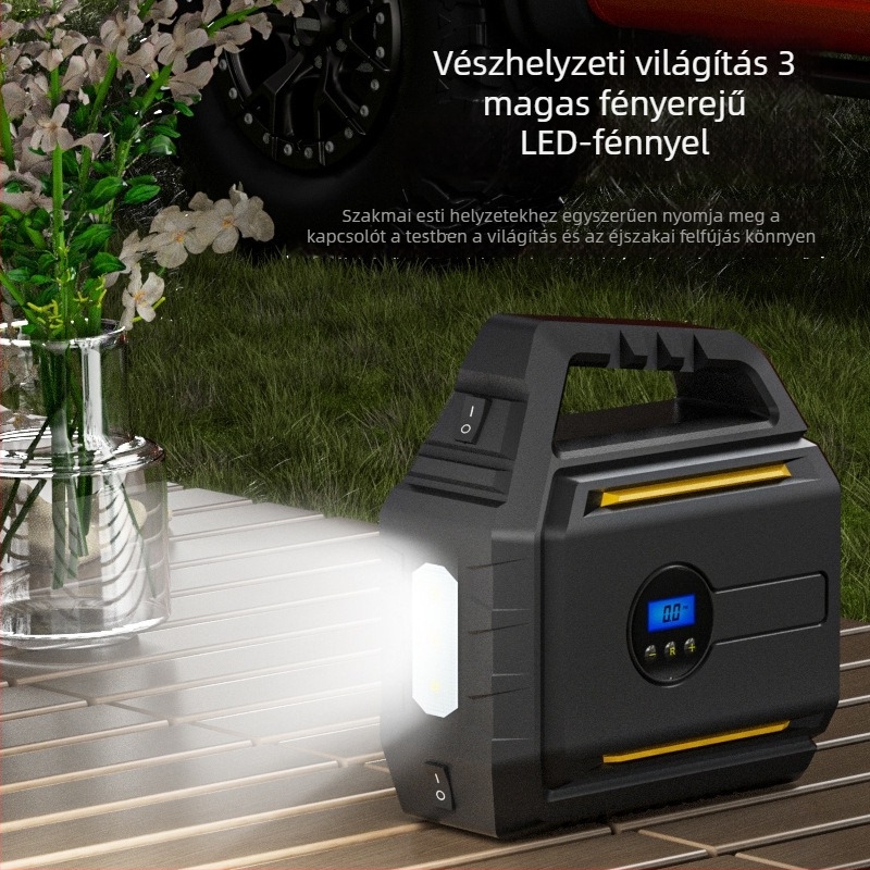 AutóbaLégpumpa beépített vészindító áramforrással és power bankkal — hordozható mindent egyben készülék, 12V, 120W, kábel 2,8 m, 60 cm cső, digitális kijelző
