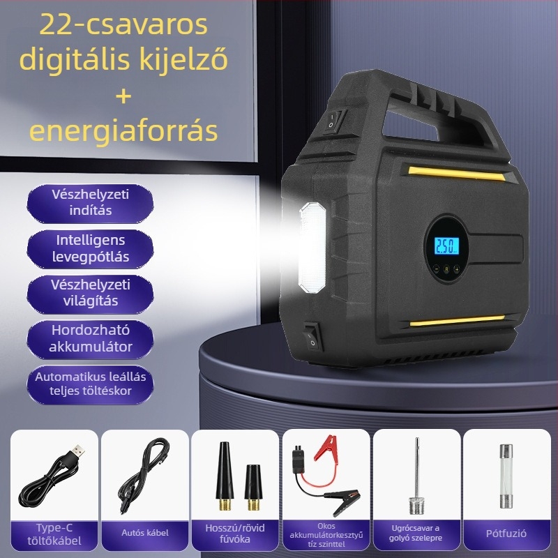 AutóbaLégpumpa beépített vészindító áramforrással és power bankkal — hordozható mindent egyben készülék, 12V, 120W, kábel 2,8 m, 60 cm cső, digitális kijelző