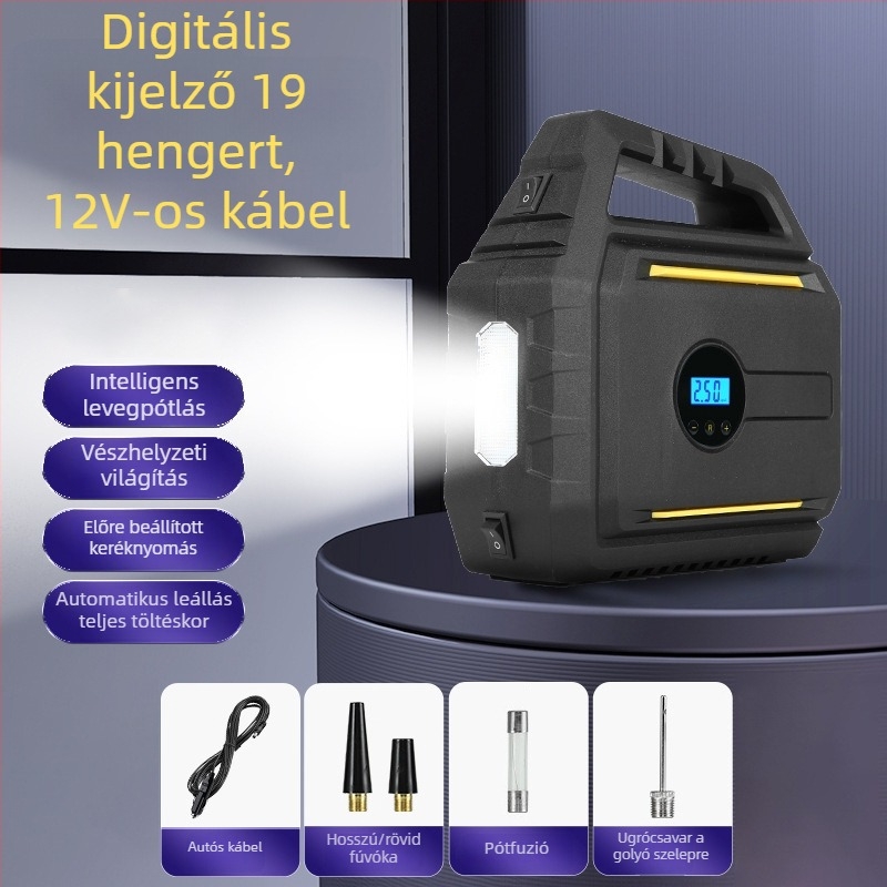 AutóbaLégpumpa beépített vészindító áramforrással és power bankkal — hordozható mindent egyben készülék, 12V, 120W, kábel 2,8 m, 60 cm cső, digitális kijelző