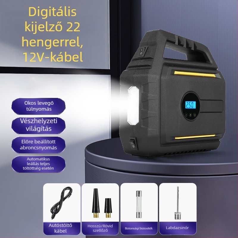 AutóbaLégpumpa beépített vészindító áramforrással és power bankkal — hordozható mindent egyben készülék, 12V, 120W, kábel 2,8 m, 60 cm cső, digitális kijelző