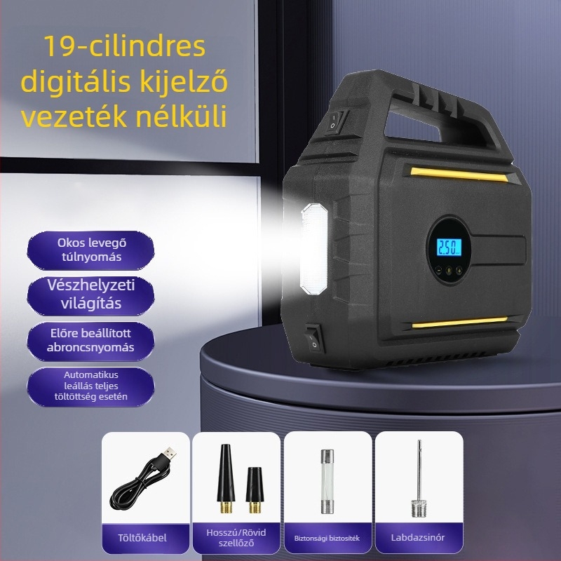 AutóbaLégpumpa beépített vészindító áramforrással és power bankkal — hordozható mindent egyben készülék, 12V, 120W, kábel 2,8 m, 60 cm cső, digitális kijelző