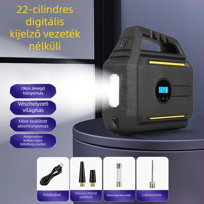 AutóbaLégpumpa beépített vészindító áramforrással és power bankkal — hordozható mindent egyben készülék, 12V, 120W, kábel 2,8 m, 60 cm cső, digitális kijelző