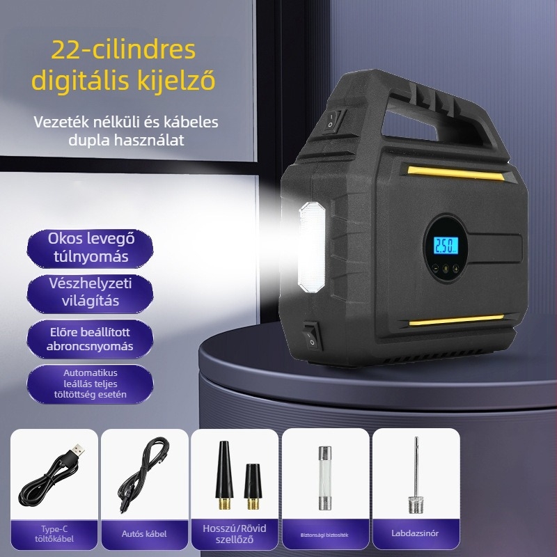 AutóbaLégpumpa beépített vészindító áramforrással és power bankkal — hordozható mindent egyben készülék, 12V, 120W, kábel 2,8 m, 60 cm cső, digitális kijelző