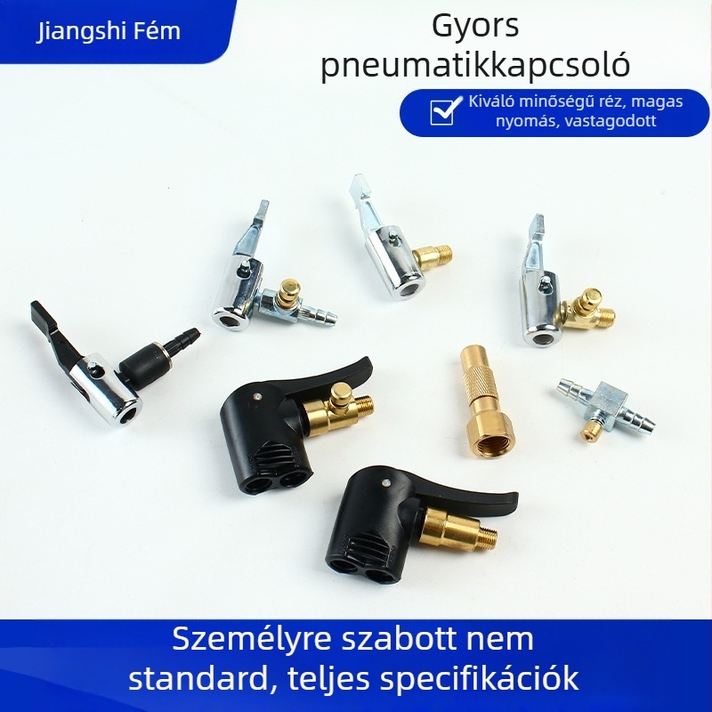 Tömlő nélküli fúvócsúcs kétfunkciós: amerikai és francia szeleppel, gumiból, snap-on, nagy belső tér, autóhoz és kerékpárhoz