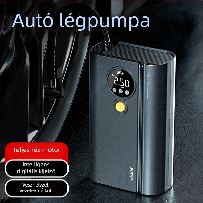 Vezeték nélküli autó légpumpa digitális kijelzővel és keréknyomás-mérővel | 12V, 120W, ABS ház, USB vagy cigaretta-gyújtó tápellátás, 3 m/1 m hosszú kábel, egyhengeres kialakítás