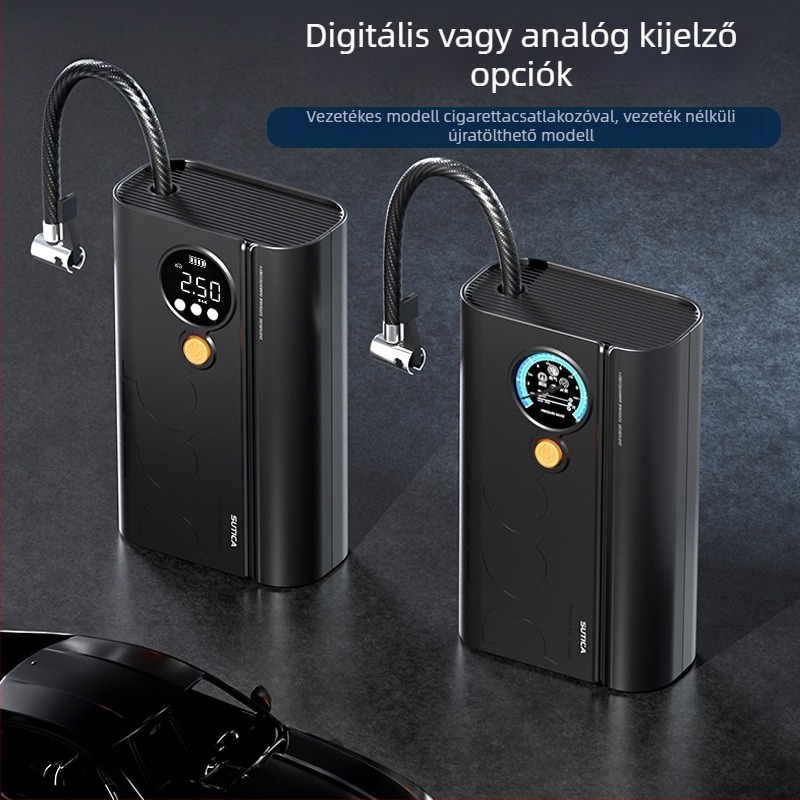 Vezeték nélküli autó légpumpa digitális kijelzővel és keréknyomás-mérővel | 12V, 120W, ABS ház, USB vagy cigaretta-gyújtó tápellátás, 3 m/1 m hosszú kábel, egyhengeres kialakítás