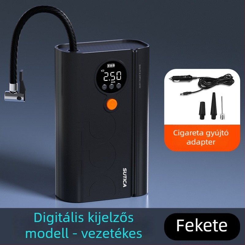 Vezeték nélküli autó légpumpa digitális kijelzővel és keréknyomás-mérővel | 12V, 120W, ABS ház, USB vagy cigaretta-gyújtó tápellátás, 3 m/1 m hosszú kábel, egyhengeres kialakítás